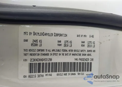 2006 Chrysler 300C z USA, uszkodzony, nr VIN 2C3KA63HX6H531290